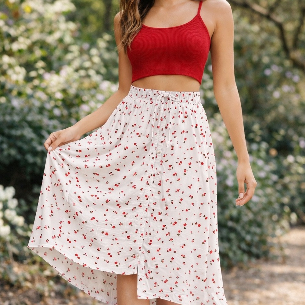Cherry print high low midi skirt boho cottagecore flowy slit front elastic waist
